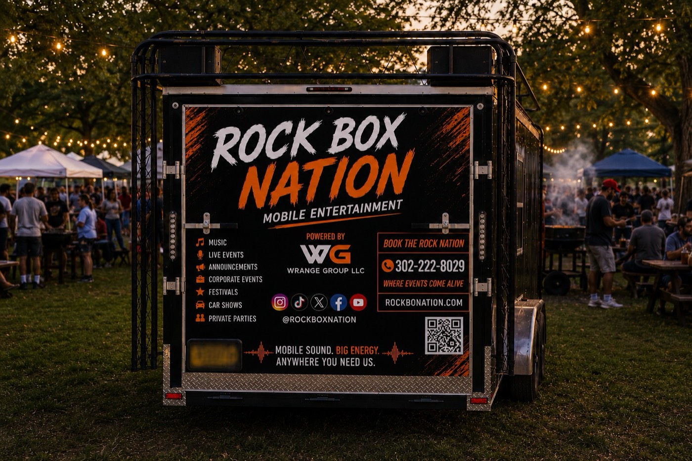 Rock Box Nation trailer rear with branding at an outdoor event